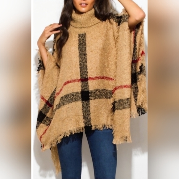 Boutique Sweaters - Tan Plaid Soft Turtleneck Sweater Poncho